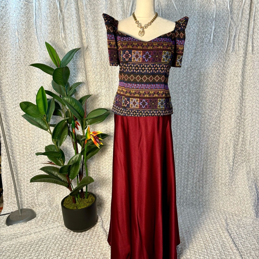 Patterned Style Inabel (wooven) blouse Terno & Red Maroon Charmeuse Full Skirt
